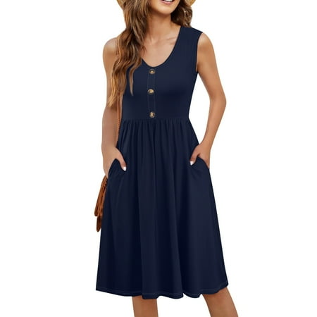 GXIPO Women Summer Dresses Sleeveless Casual Loose Swing Button Down Midi Sundress with Pockets Dark Blue S