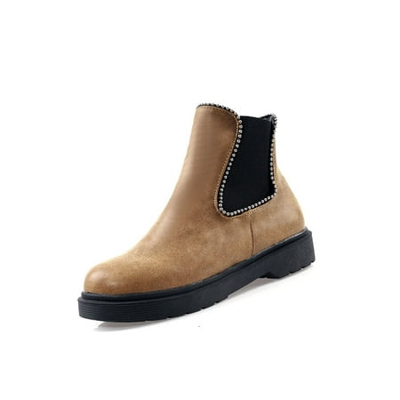 

IELGY Women s boots large size solid color low-cut flat heel zipper round