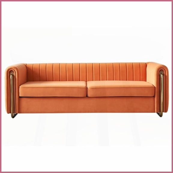 Contemporary Orange Velvet Sofa 84''W - 3-Seat Tufted Couch with Gold Metal Legs for Living Room