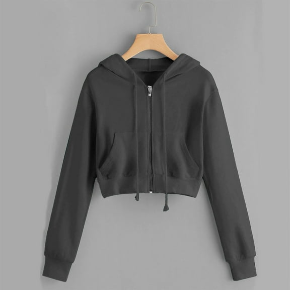 Simua Crop Hoodie Women's Casual Cute Zipper Hoodies Long Sleeve Cropped Sweatshirt Pullover Tops Sweater Shirts Dark Gray,S