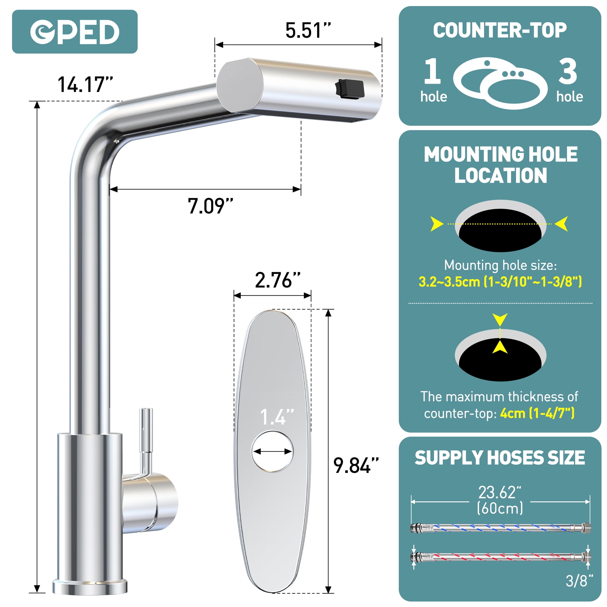 GPED Kitchen Faucets, Waterfall Kitchen Sink Faucet with Pull Down Sprayer, 3-Mode Sprayer&SUS304 Stainless Steel, 360° Rotatable Single Handle Faucet w/ Deck Plate&Water Pipes for Bar/Laundry/RV