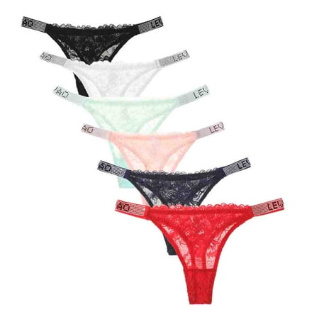 

LEVAO Sexy Rhinestone Letter Thongs Lace Low Waist Panties G-string for Women s，6 Pack