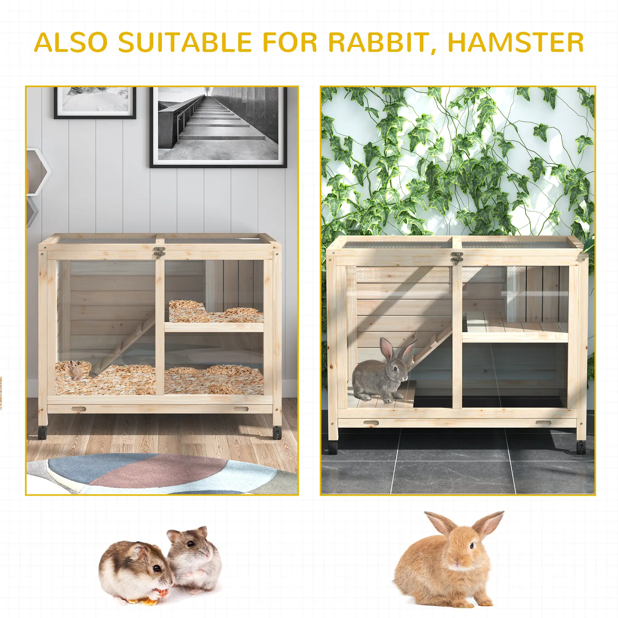 Pefilos 36" Indoor Rabbit Hutch with Wheels, Removable Tray and Openable Top, Wooden Bunny House Small Animal Habitat, Beige