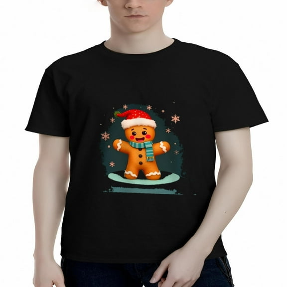 Men's Cotton Short Sleeve T-Shirt - Festive Gingerbread Man Design with Santa Hat & Scarf Perfect for Holiday Cheer