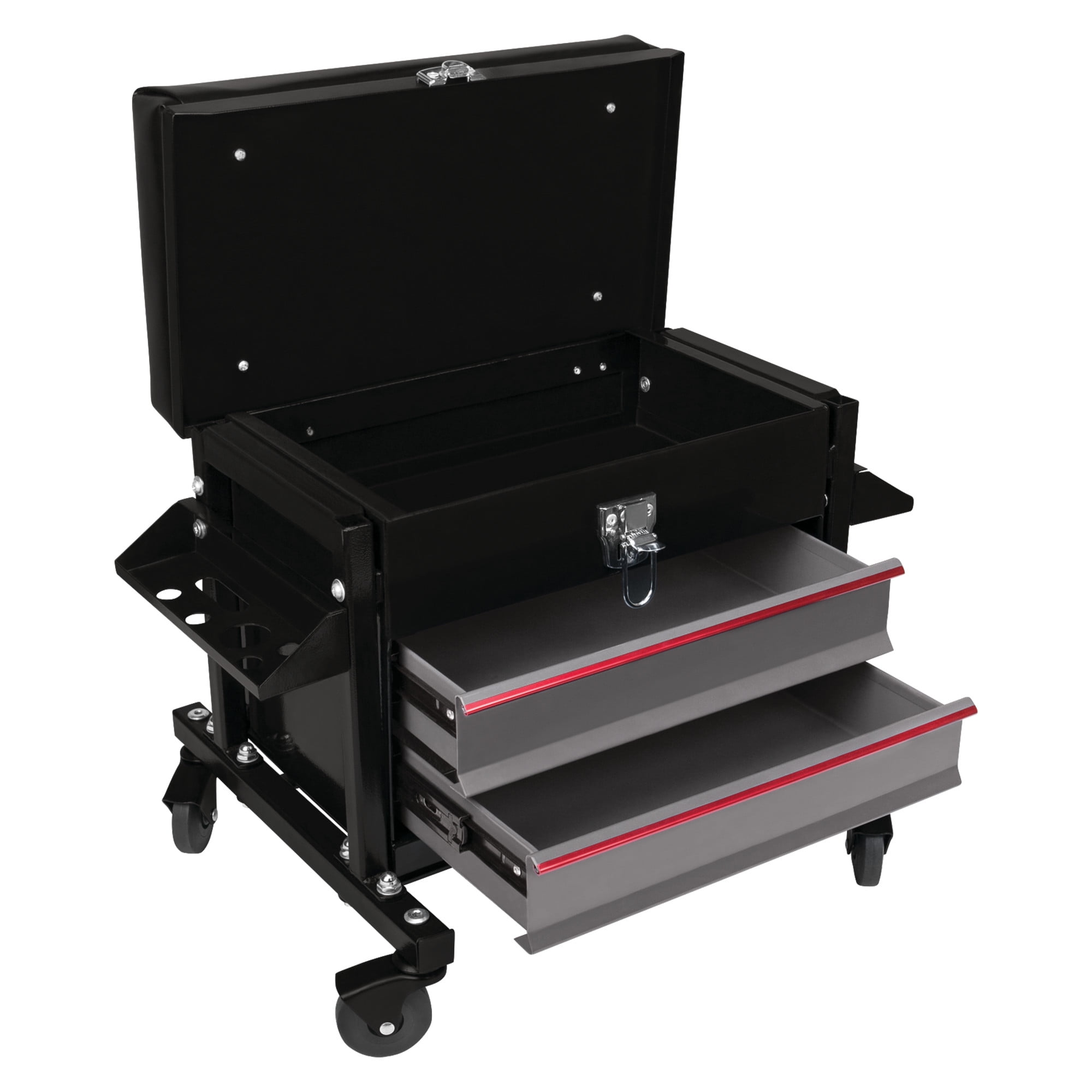 Performance Tool W85024 Drawer 2-Drawer Rolling Toolbox Work Seat - For Mechanic Garages and Workshops, 16x9-inch Seat, Black