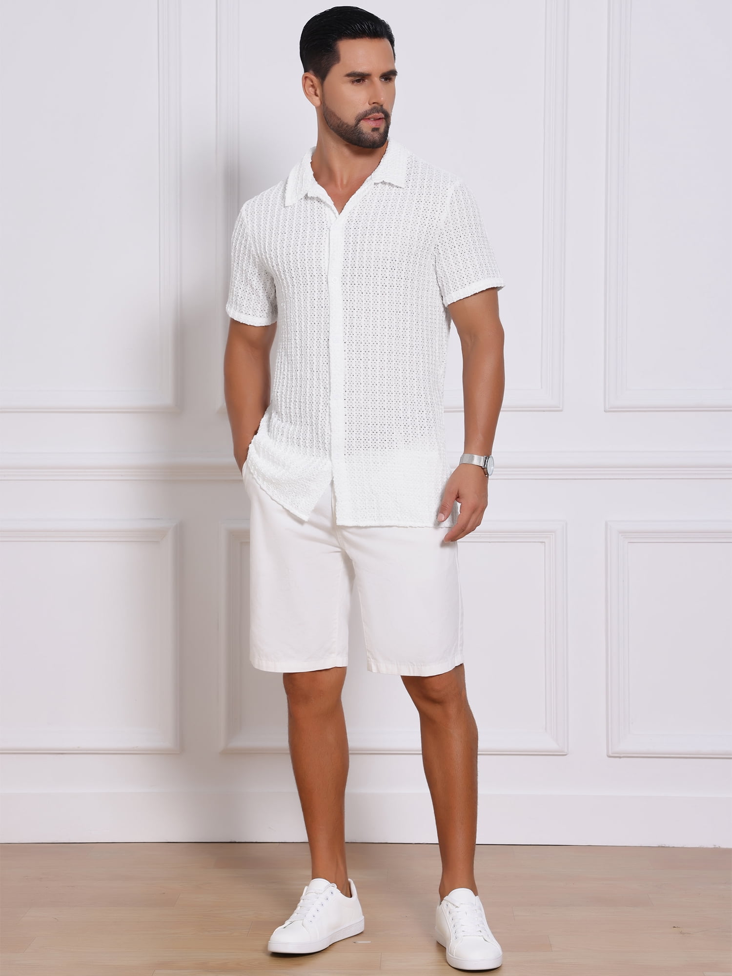 DARING DIVA Men's Casual Knitted Hollow Out Short Sleeve Shirt M White
