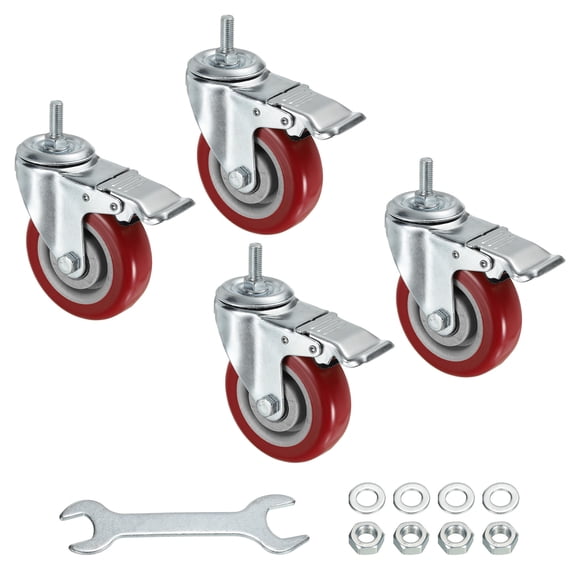 Unique Bargains 4 Inch Swivel Threaded Stem Casters 3/8'-16UNC Thread PU Caster Wheel with Brake 88lbs Load, Red 4pcs