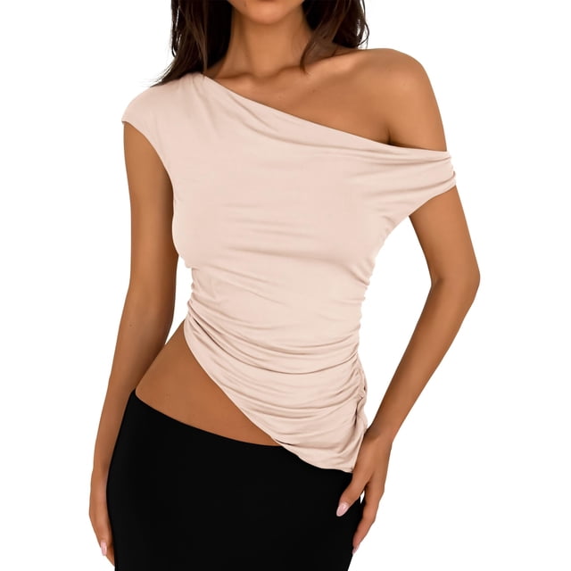 Remera PRETTYGARDEN Verano 2025 Hombro Descubierto Fruncida XL