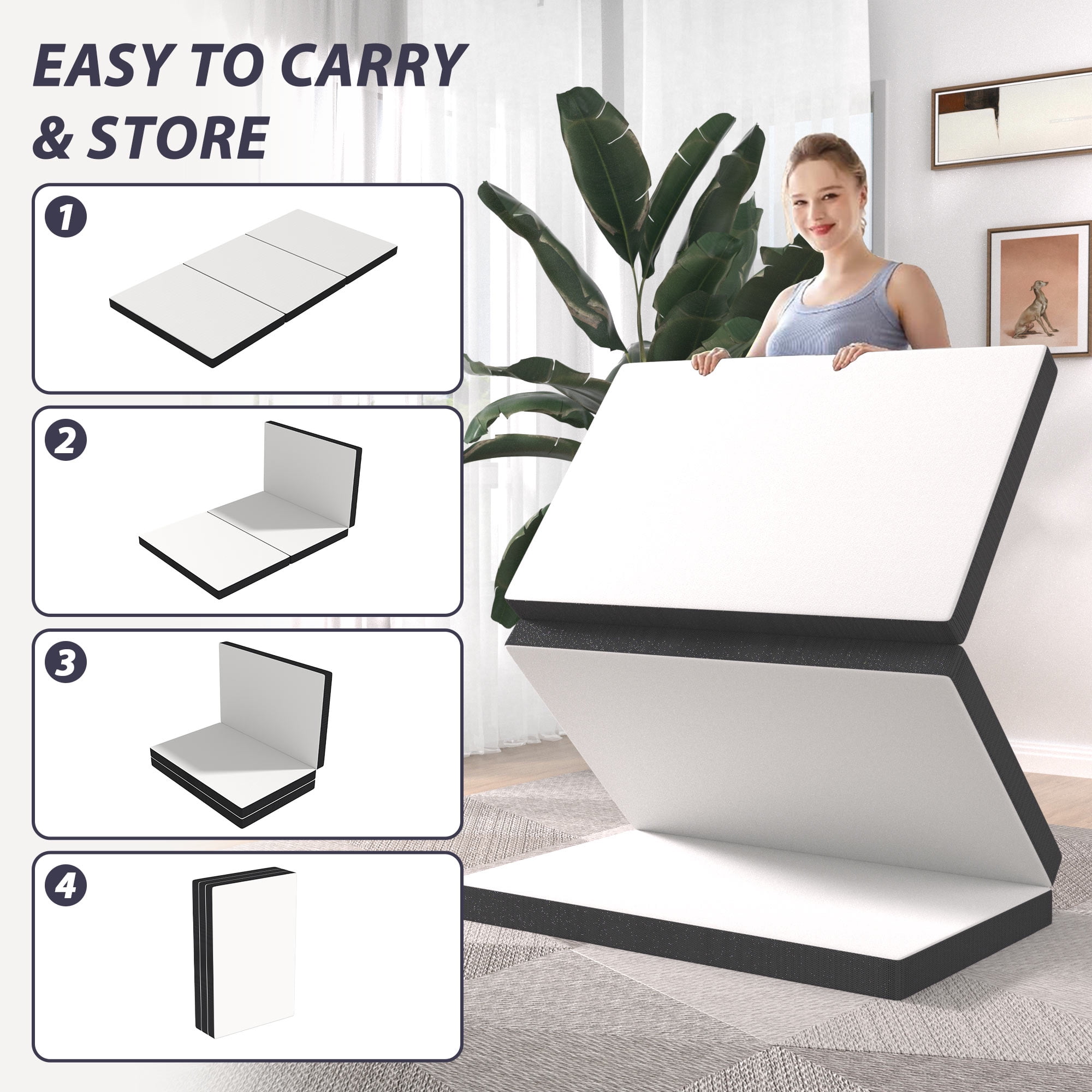 YRLLENSDAN 3 inch Folding Mattress Tri Fold Memory Foam Mattress Topper Portable Foldable Mattress Topper with Washable Cover Non-Slip Bottom for Camping Guest Floor RV, Twin