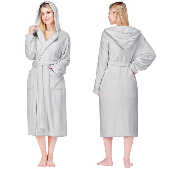 PAVILIA Light Gray Women Robe with Hood, Fleece Lightweight Soft Long Hooded Robe for Women, Plush Fuzzy Cozy Warm Bathrobe Shower Spa House, 2XL/3XL