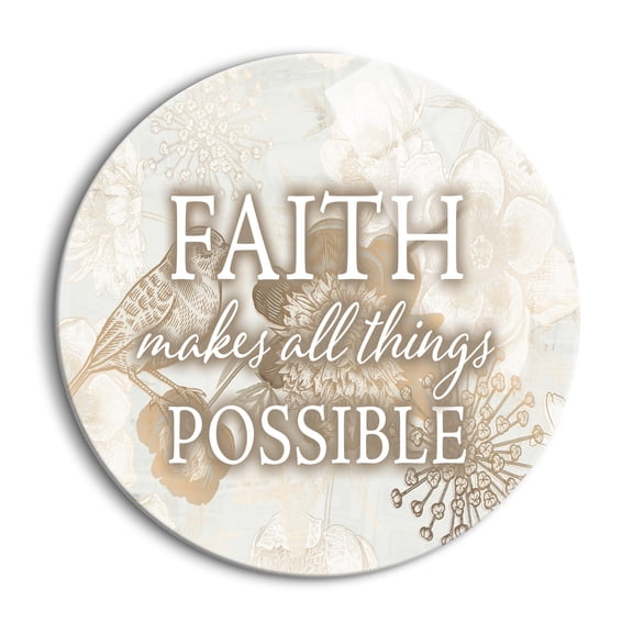 Faith Things Possible Mocha Cream Floral 24 inch Glass Round Wall Hanging Sign