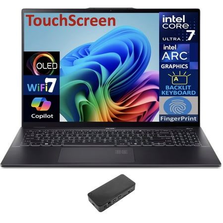 Acer Swift 16 AI AI PC Laptop 16.0in Touchscreen OLED 2.8K Display (Intel Ultra 7-256V, 16GB LPDDR5X, 8TB PCIe SSD, Intel Arc, Backlit KB, Fingerprint, 2 Thunderbolt 4, Win 11 Home) w/USB-C Dock
