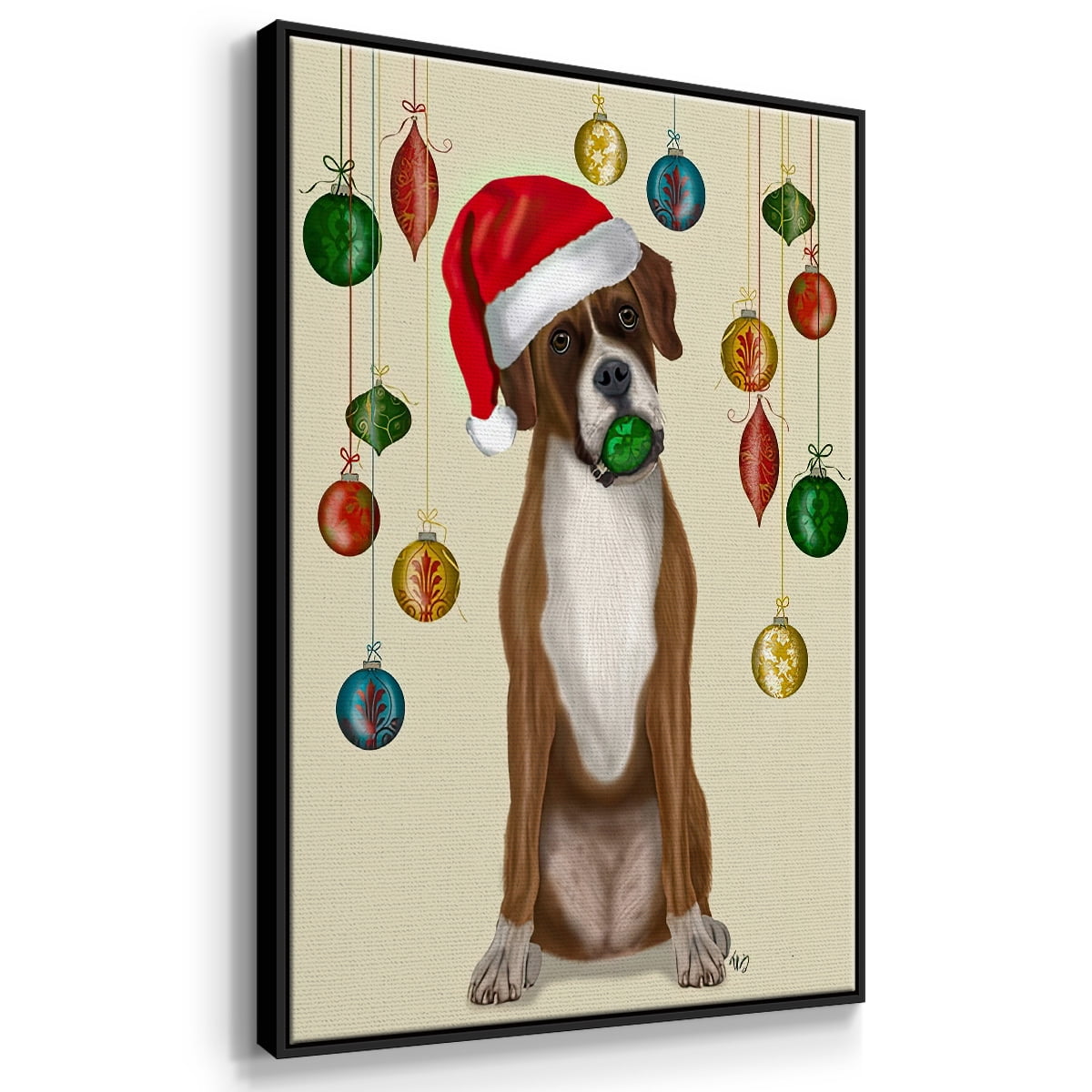 Christmas Boxer and Bauble Ball - Framed Gallery Wrapped Holiday Canvas - 17 x 25 - Black Frame