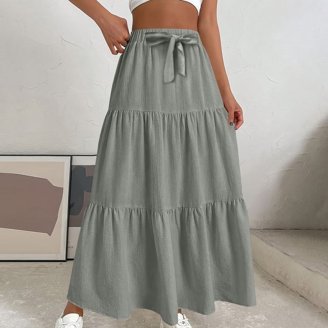 Karight Maxi Skirts for Women Trendy High Waisted Flowy Tiered Linen Skirt Casual Pleated A-Line Beach Long Skirts with Tie
