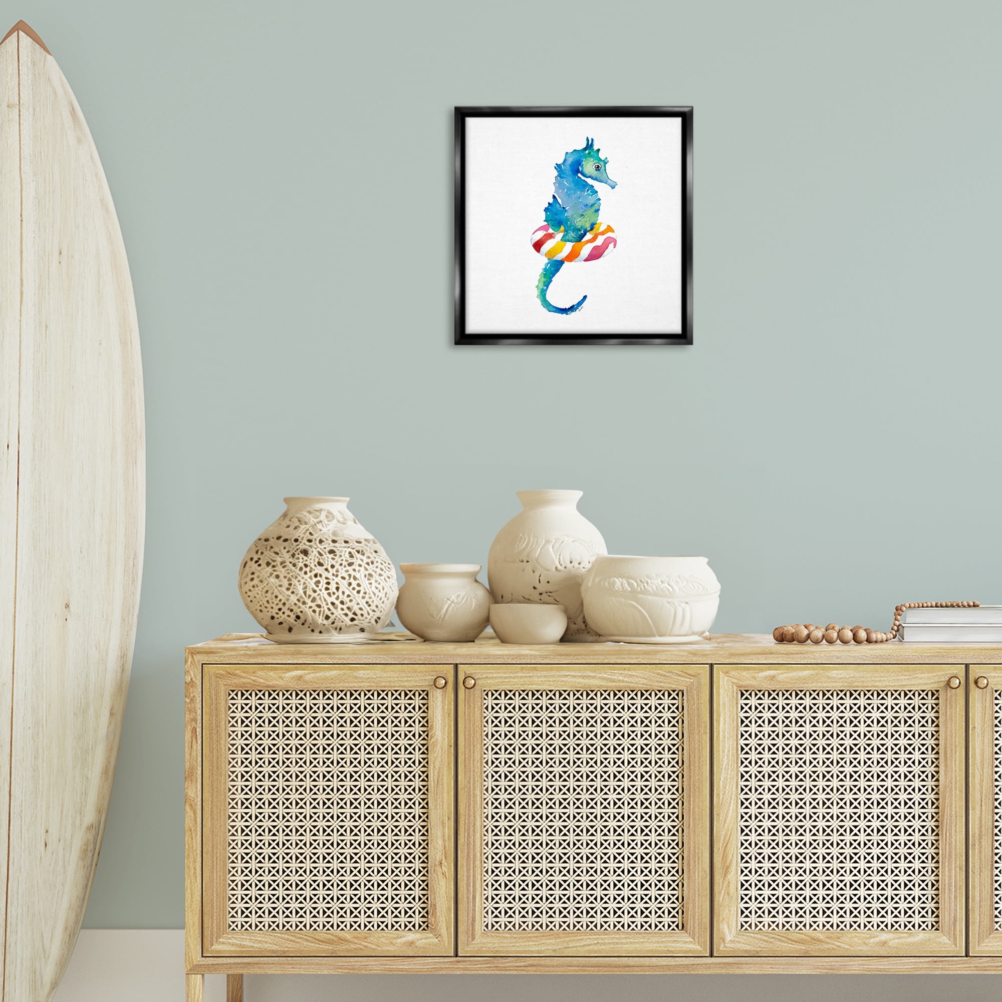 Stupell Industries Summer Float Seahorse Novelty Painting Black Floater Framed Canvas Art Print Wall Art, 18 x 18