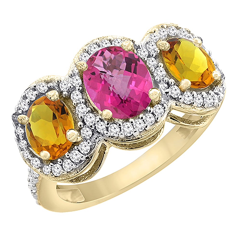 14K Yellow Gold Natural Pink Sapphire & Citrine 3-Stone Ring Oval Diamond Accent, size 5.5 by Gabriella Gold