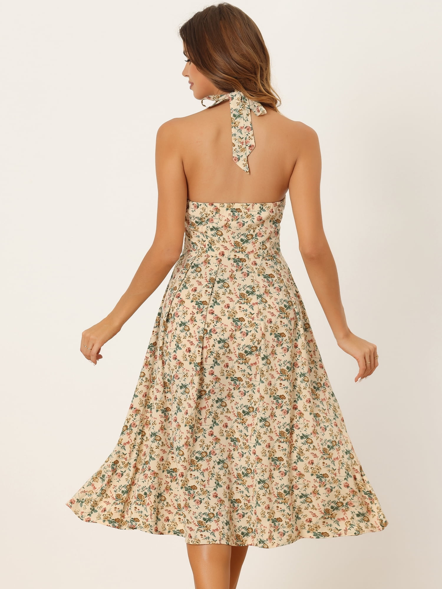 DARING DIVA Women's Halter Sleeveless Lace Up Floral Midi Dresses XS Beige