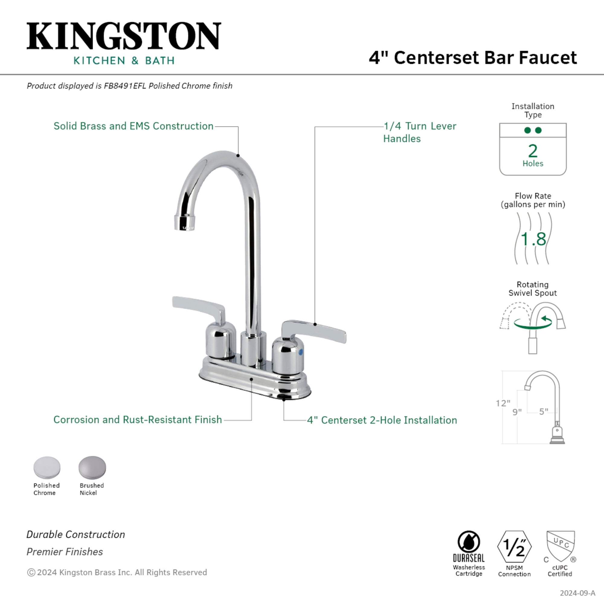 Kingston Brass FB8498EFL Centurion Double-Handle 4" Centerset High-Arc Bar Faucet, Brushed Nickel