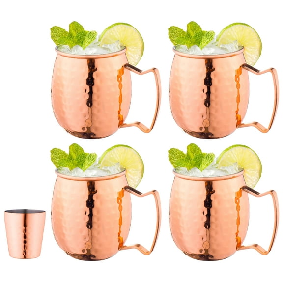 Moscow Mule Copper Mugs with Handles 4-Pack 1 Shot Glass Classic Drinking Cup Set Home, Kitchen, Bar Drinkware Helps Keep Drinks Colder, Longer Food-Grade Safe Lining with 1 Shot Glass 16 oz