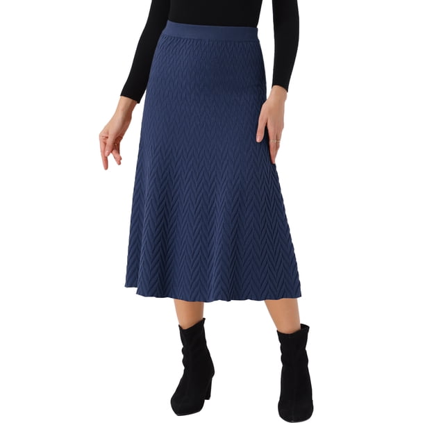 Falda midi de suéter elástica de cintura alta de punto acanalado para mujeres Inspire Chic, color azul marino