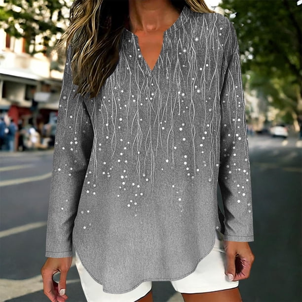 TaTaai Women's Linen Look V Neck Blouse, Long Roll Up Sleeves with Button Cuff Detail, Casual Summer Top for Everyday Wear Gift