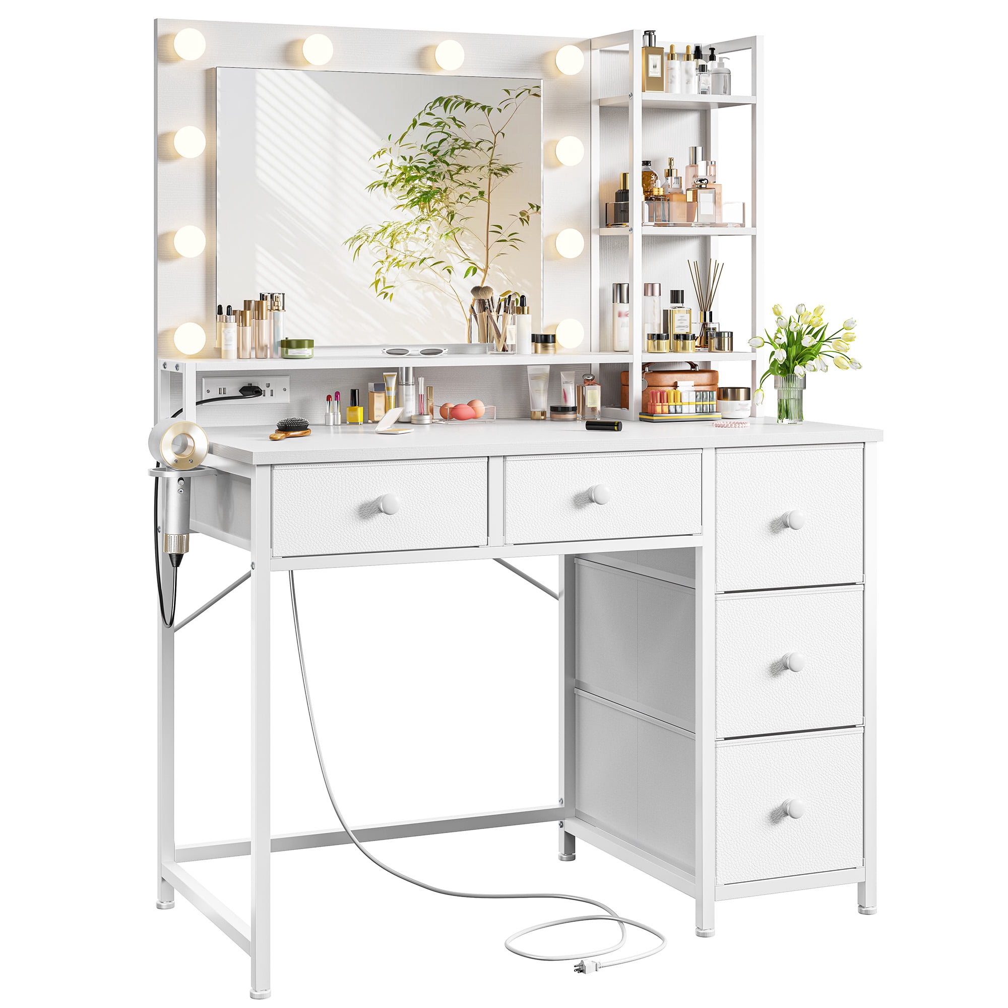 White Vanity with Mirror and Lights Makeup Vanity Desk with 5 Fabric Drawers Dressing Table with Storage Drawers for Bedroom