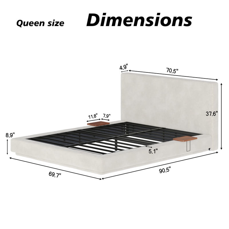 Queen Size Upholstered Low-Profle Floor Bed with Headboard & Steel Frame, Storage Platform Bed Frame with 2 Sliding Shelves