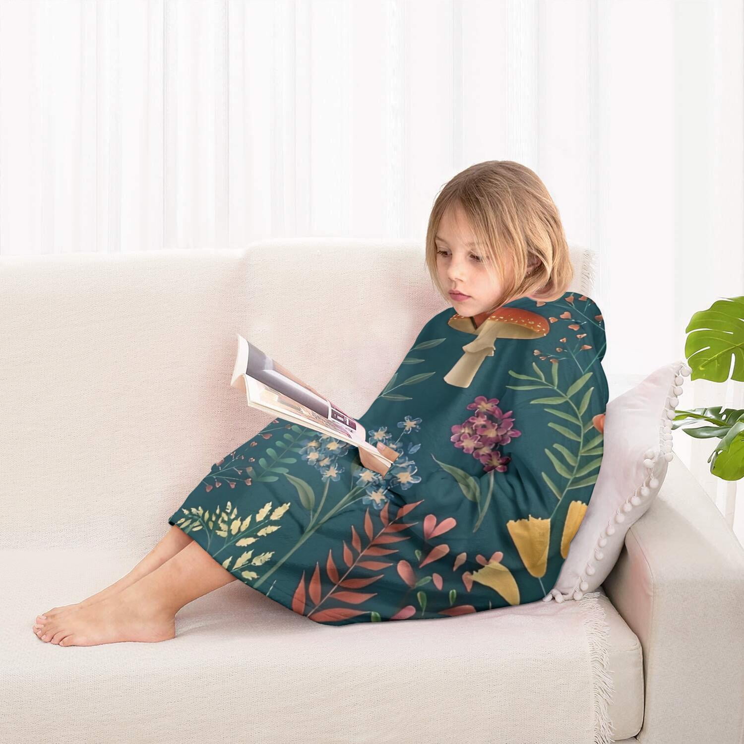 Colorful Mushroom Flower Dark Green Pattern Blanket Hoodies for Kids 6-13YR Oversize Wearable Blanket Hoodies for Boys Girls Teens