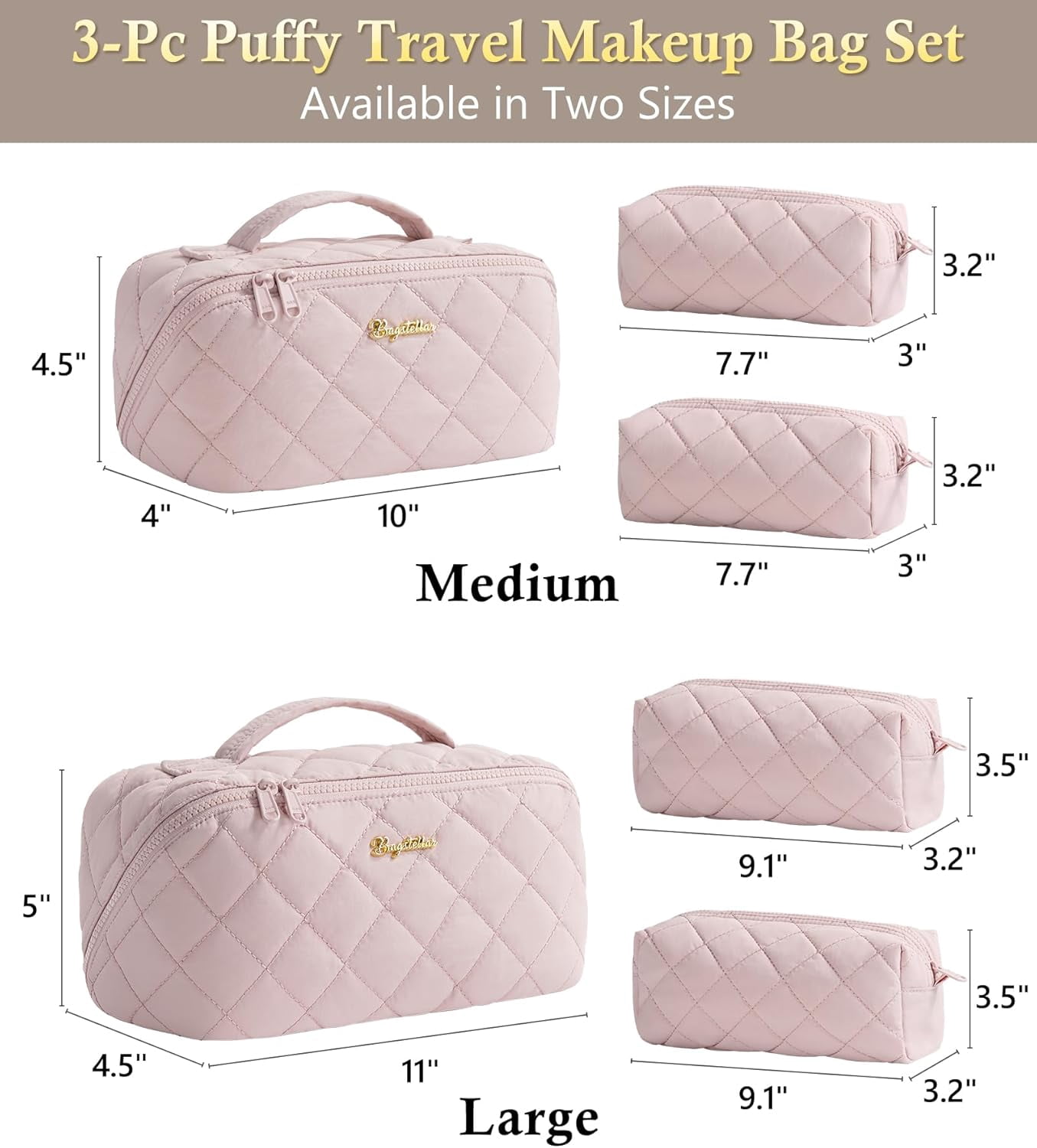 Travel Makeup Bag, 3 Pcs Large acity Puffy Toiletry Bag for Women, Open Flat Make up Cosmetic Organizer w/Handle & Clear Divider Water-resistant Portable Pouch Travel Essentials, L-Light Pink