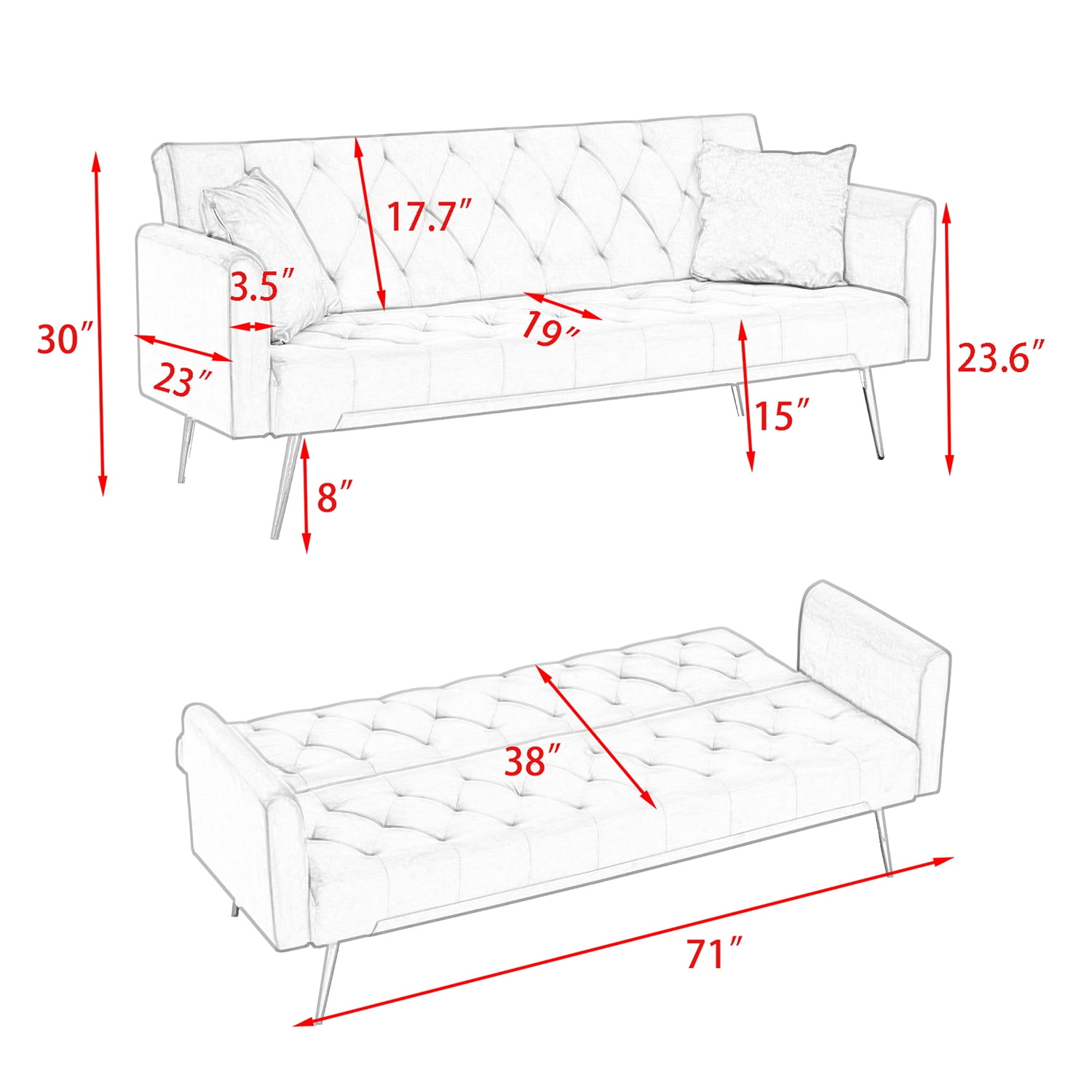 Kadyn 71" Futon Couch, Convertible Double Sofa Bed for Compact Living Space, Modern Velvet Futon Sofa Bed for Living Room, Blue