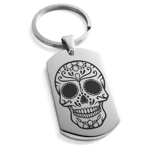 Tioneer Stainless Steel Day of the Dead Calaveras Mischievous Skull Engraved Dog Tag Keychain Keyring