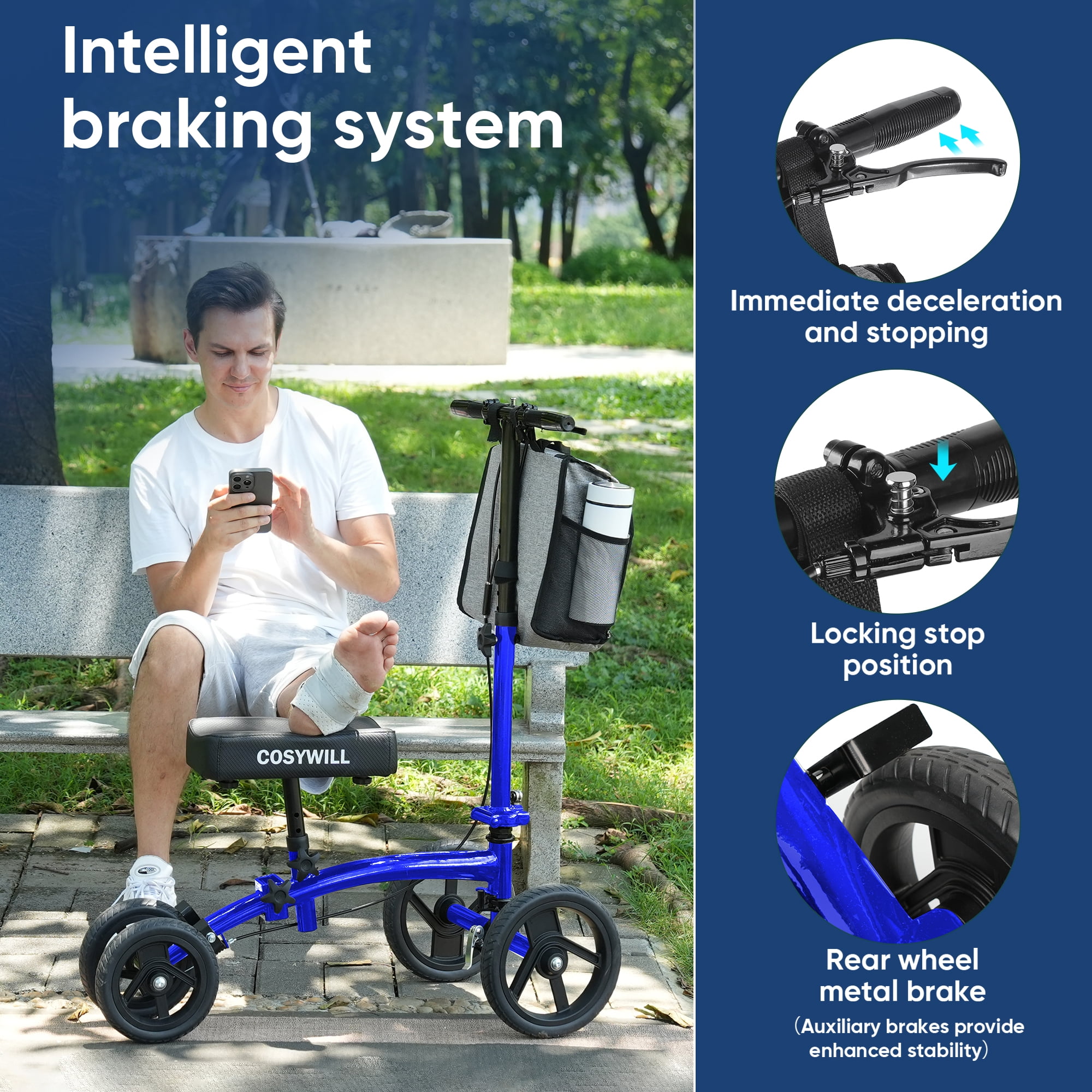 COSYWILL Steerable Knee Scooter,Economy Knee Walker,All Terrain Foldable Medical Scooter for Foot Injuries Crutches Alternative,Blue