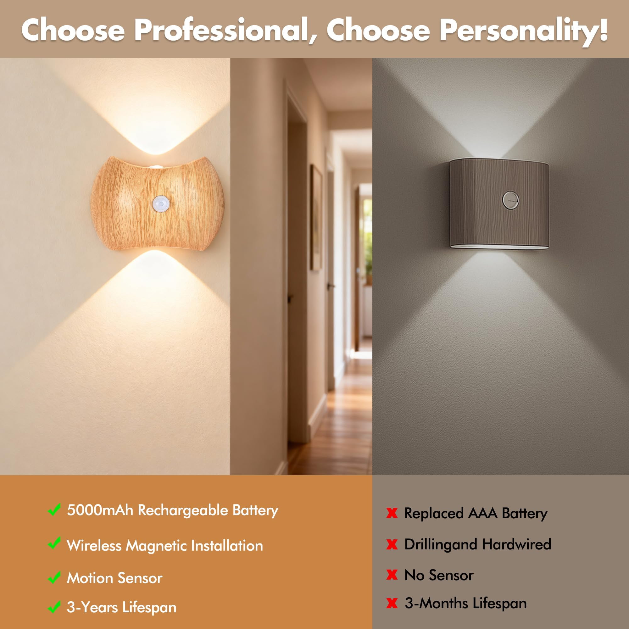 Motion Sensor Wall Lights Indoor - Rechargeable Wall Lights Up & Down, Wireless Battery Operated Wall Sconce Set of 4for Bedroom, Hallway, Stair, Living Room Decor, Wood Cordless Magnetic Wall Lamp