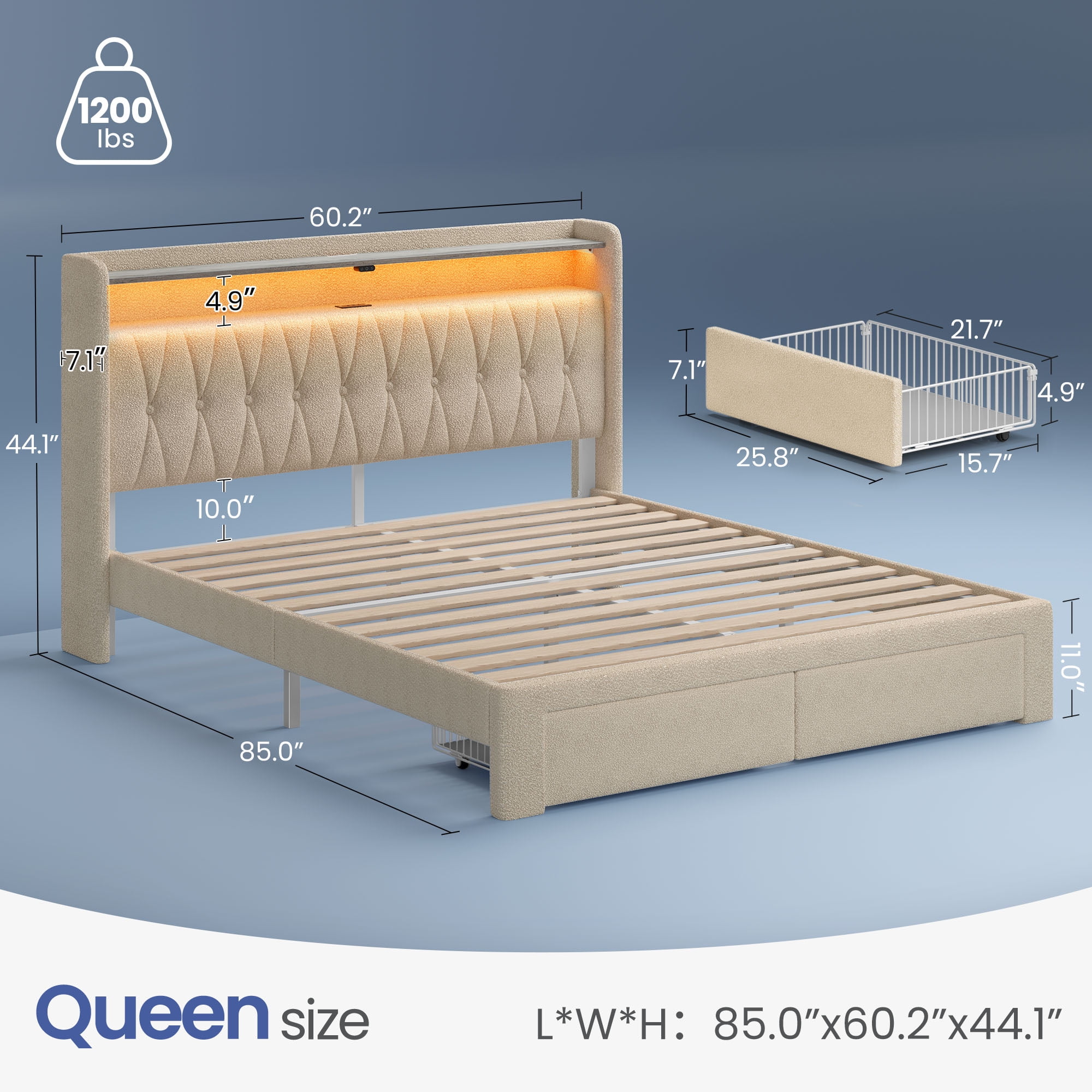 Greenstell Queen Bed Frame with Storage Drawers, Upholstered Bed with LED Light and Linen Fabric Storage Headboard, Off White
