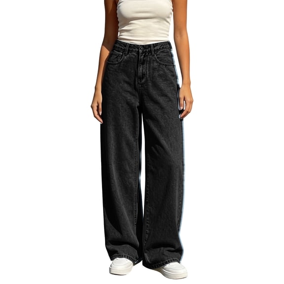 ZHYou No Boundarie Womens Wide Leg Jeans High Waist Contrast Side Washed Baggy Fit Pull On Flowy Denim Pants,Black,Size L