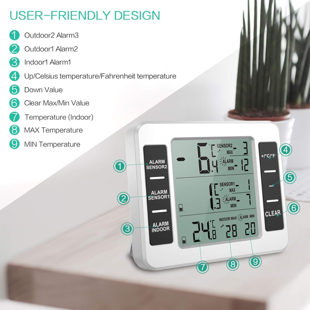 Upgraded Version Refrigerator Thermometer Wireless Digital Freezer Thermometer Digital Sensor with 2PCS Sensors Temperature Monitor and Audible Alarm for Indoor / Outdoor (Battery Not Included)