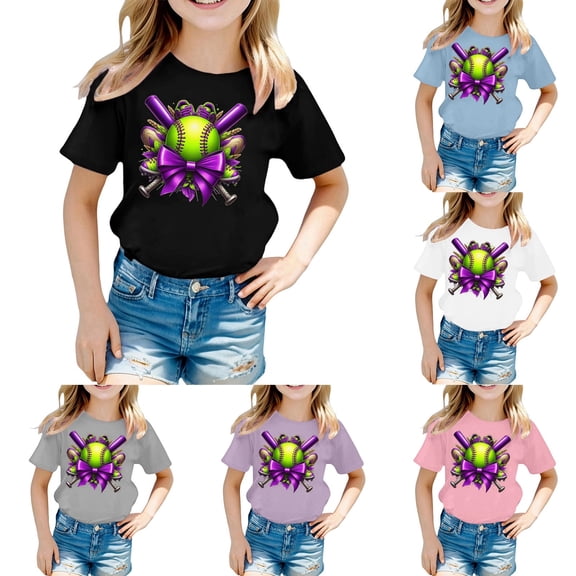 Girls T Shirts Kids Baseball Sport Pattern Short Sleeve Loose Fit Summer Top Girls Tops Light Blue 10-11 Years