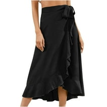 Women's Boho Floral Print Wrap Ruffle Trim Flowy Maxi Skirts High Waist Boho Skirt Pleated A Line Long Skirt Slit