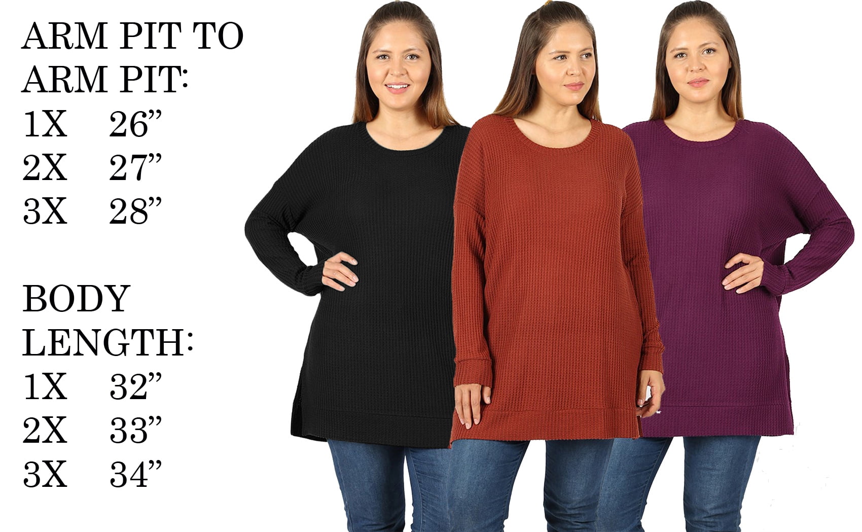 1XL-3XL Women Basic Thermal Long Sleeve Solid Waffle Knit T-Shirt Top PLUS