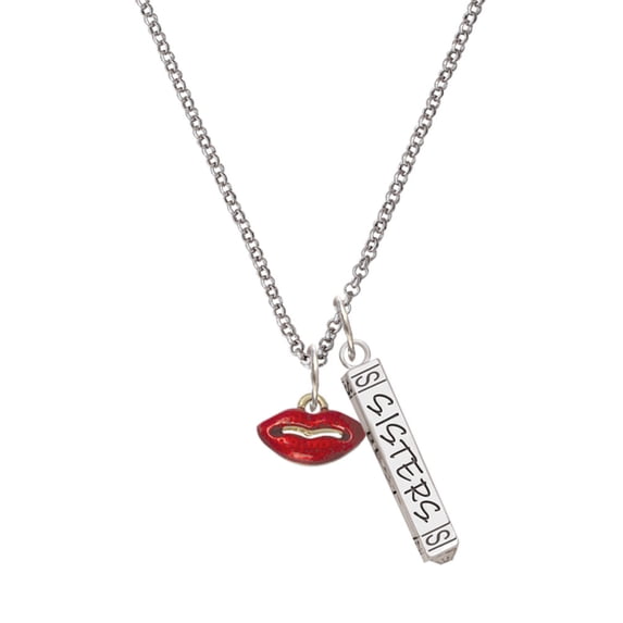 Delight Jewelry Goldtone Small Translucent Red Lips Silvertone Sisters Best Friends Forever Bar Charm Necklace, 23"
