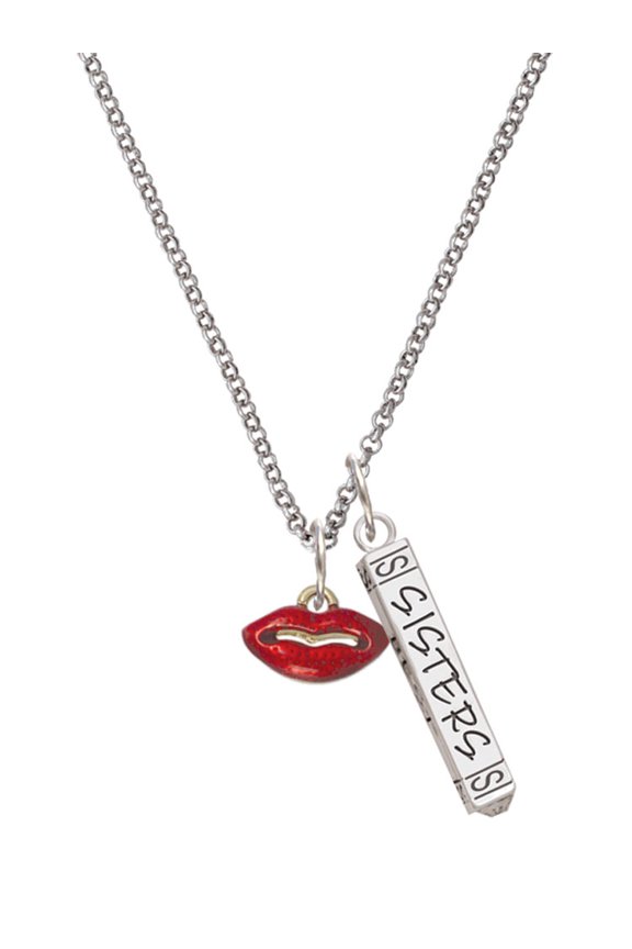 Goldtone Small Translucent Red Lips Silvertone Sisters Best Friends Forever Bar Charm Necklace, 23"