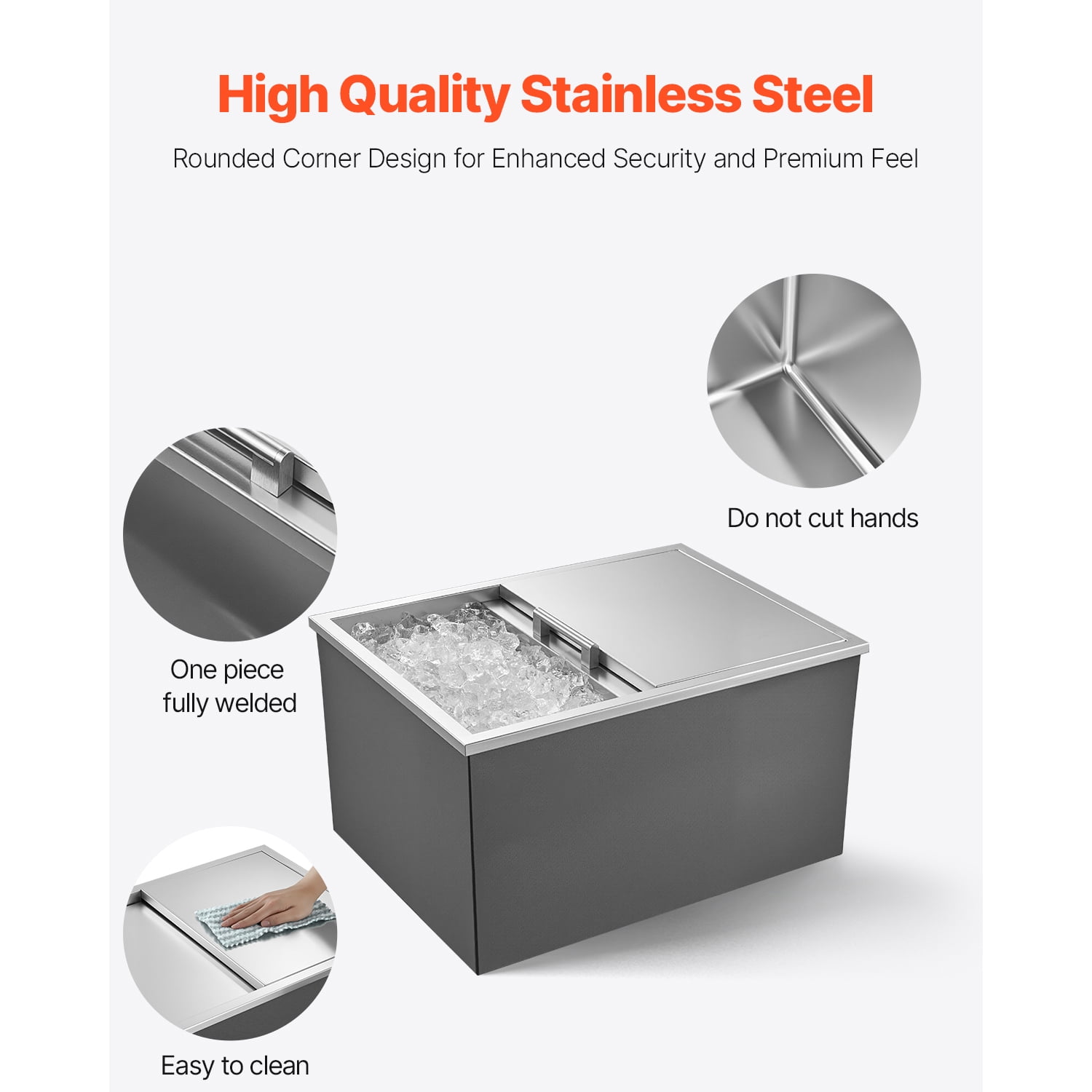 KFFKFF Stainless Steel Drop-In Ice Chest, 24"L x 18"W x 13"H Cooler, 57.8 Quart Capacity with Sliding Lid for Outdoor Kitchen, Patio Bar, and Beverage Storage, Includes Drain-Pipe Set
