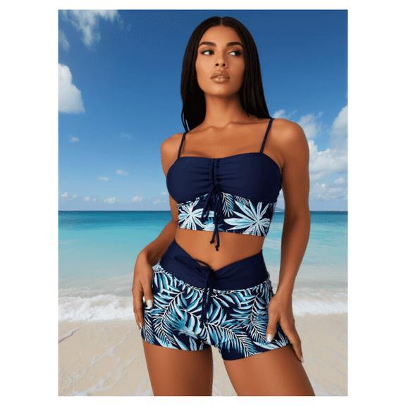 Women's Navy Blue Tropical Leaf Print Two-Piece Swimsuit, Ruched Bandeau Top with High Waist Boyshorts, Sizes S-XL