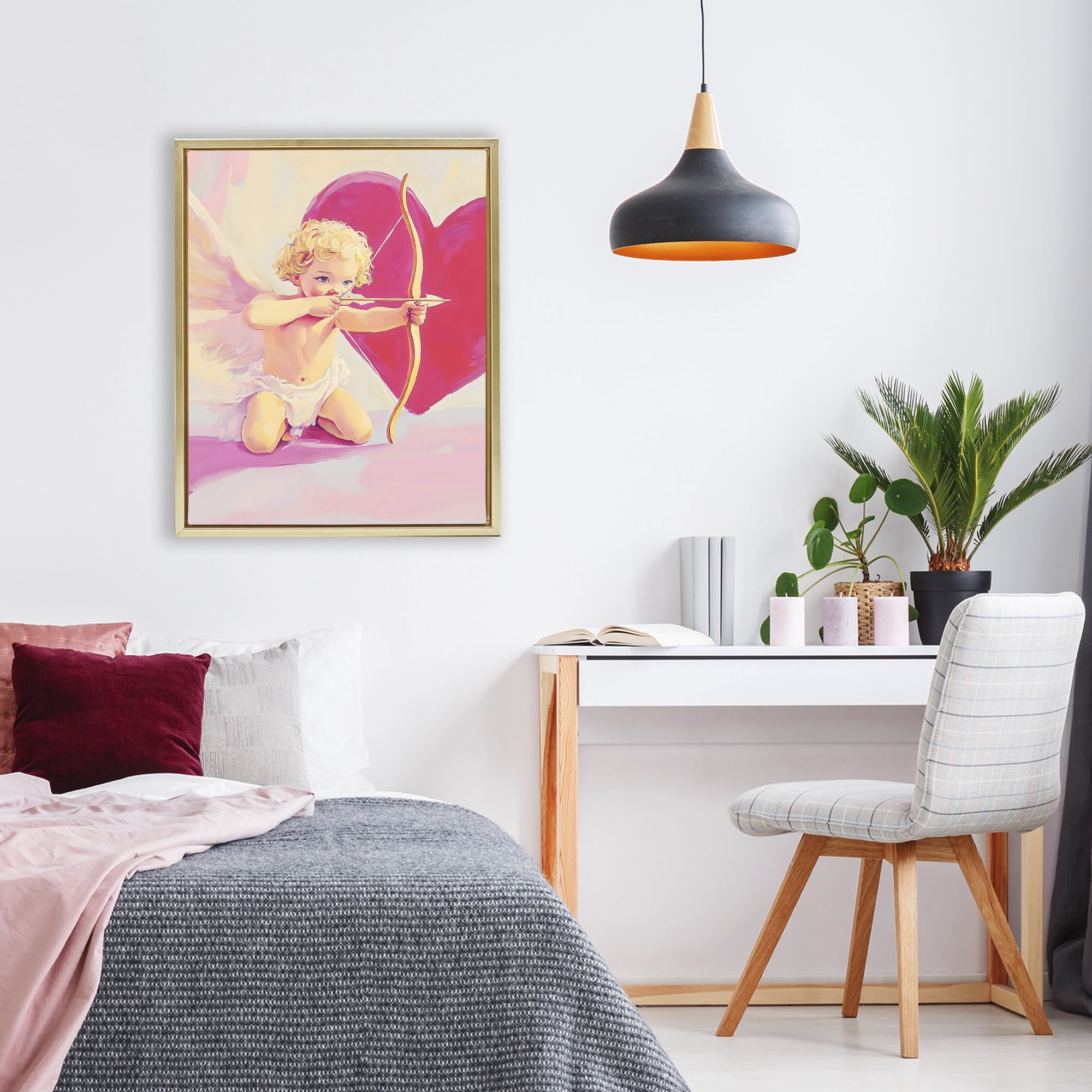 Stupell Industries Cupid Shooting Arrow with Heart Gold Framed Floater Canvas Wall Art, design by The Prints Vibe