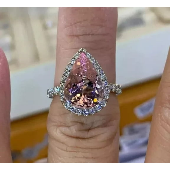14K White Gold Plated 3.00Ct Pear Cut Lab Created Morganite Halo Engagement Ring