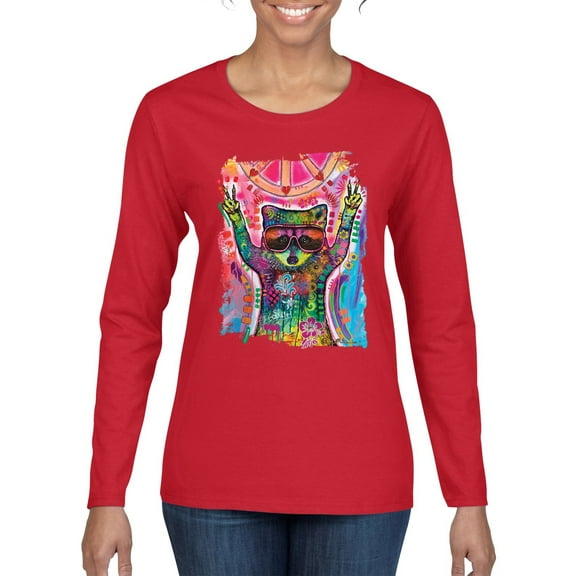 Dean Russo Cosmic Trash Panda Animal Lover Womens Graphic Long Sleeve T-Shirt, Red, X-Large