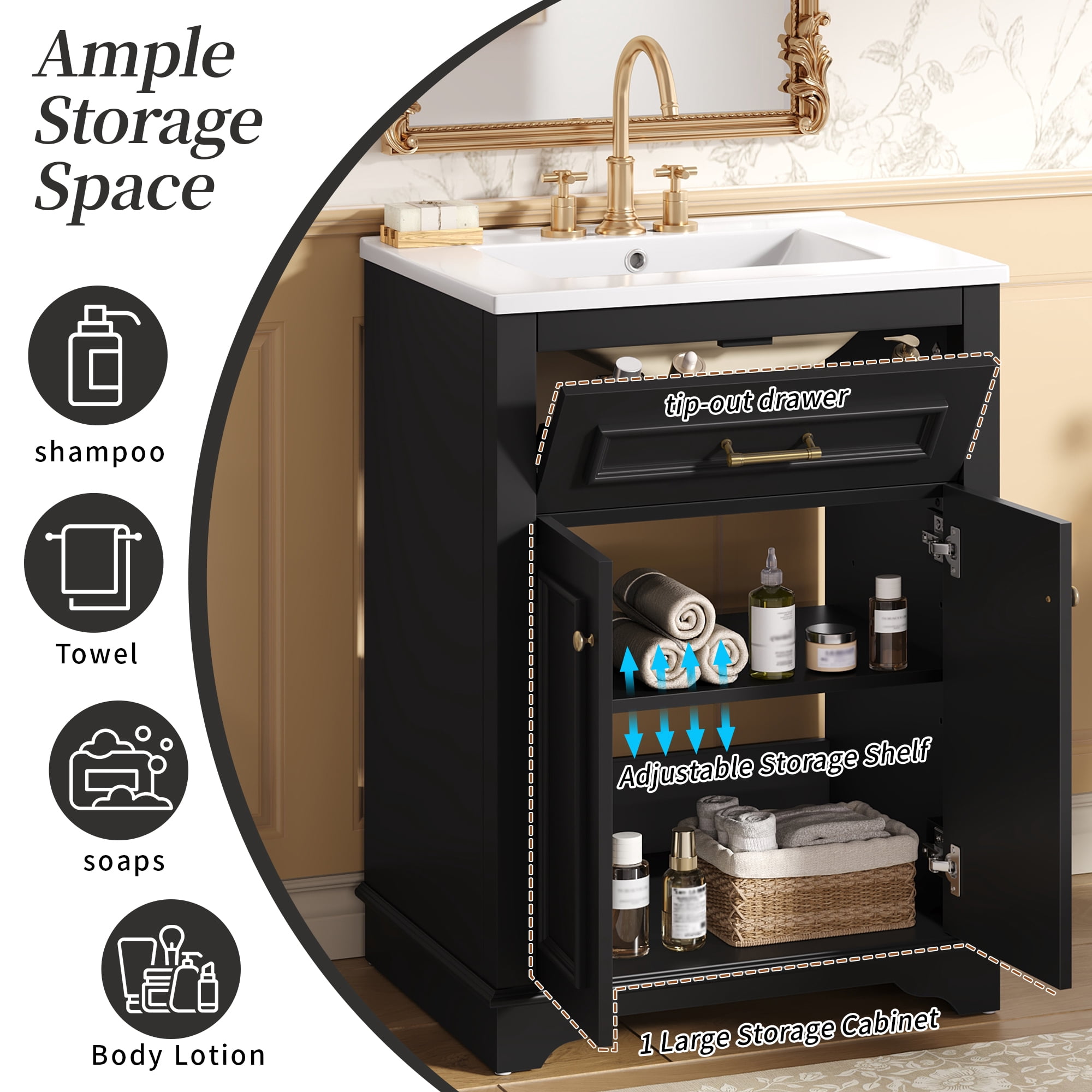 Euroco 24" Bathroom Vanity with Integrated Ceramic Sink, Bathroom Cabinet with 2 Doors, 1 Tip-Out Drawer, Single Sink Bathroom Vanity for Small and Medium Restroom, Black