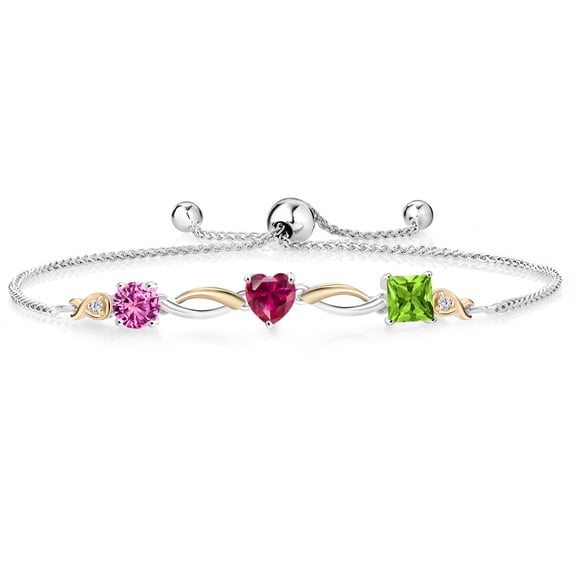 Gem Stone King 925 Silver and 10K Yellow Gold Pink Created Sapphire Red Created Ruby Green Peridot and Lab Grown Diamond Tennis Bracelet for Women By Keren Hanan (2.24 cttw, Adjustable up To 9 inch)