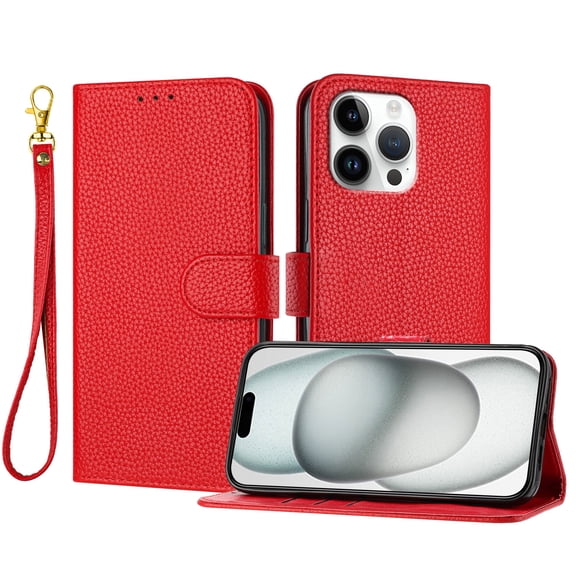 ELEHOLD Wallet Case for iPhone 16 Pro, Shockproof Leather Stand Case with Magnetic Clasp & Hand Strap,Red