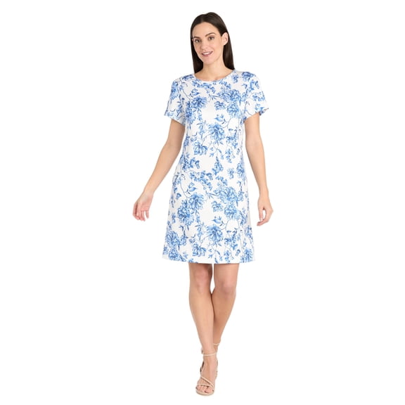 R&M Richards Women's Floral Print Linen Shift Dress - T-Shirt Style, 10 Petite